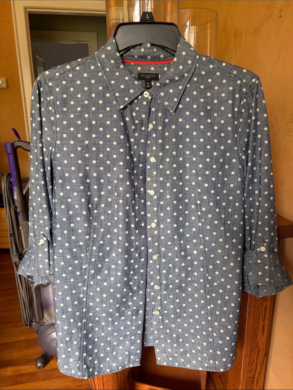 Talbots Navy Blue Button-Down Shirt with White Polka Dots